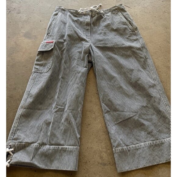 Vintage Ralph Lauren Jeans Co. Pants 12 Blue White Stripe Cropped Cargo Pockets - Picture 2 of 13